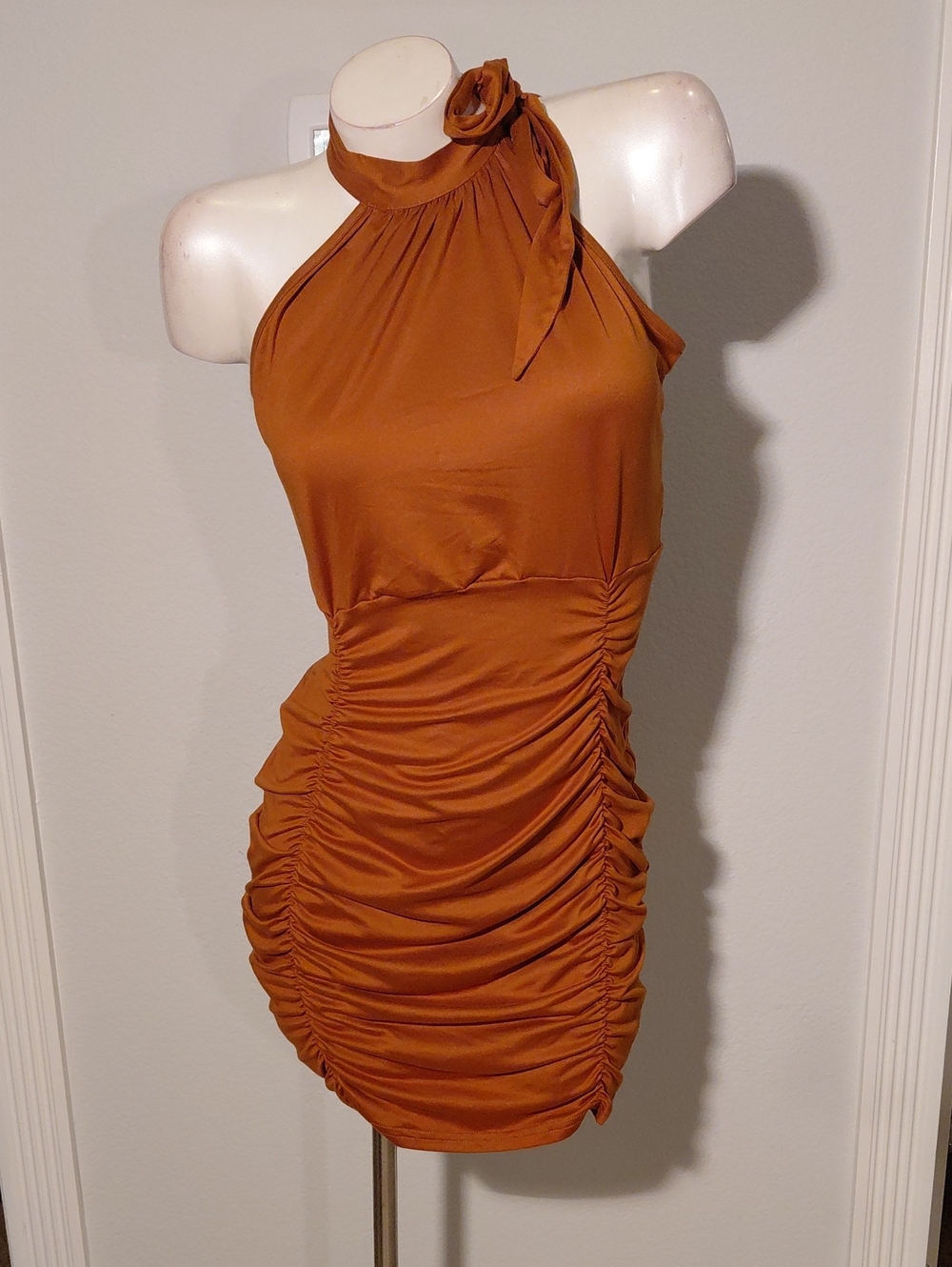 Ruched Halter Mini Dress in Rust